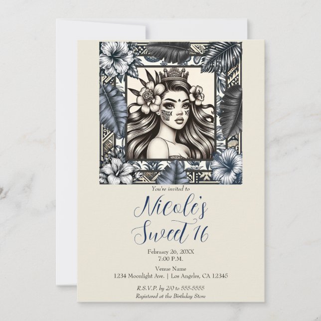 Polynesischer Prinzessin Blauer Flora Tribal Sweet Einladung (Vorderseite)