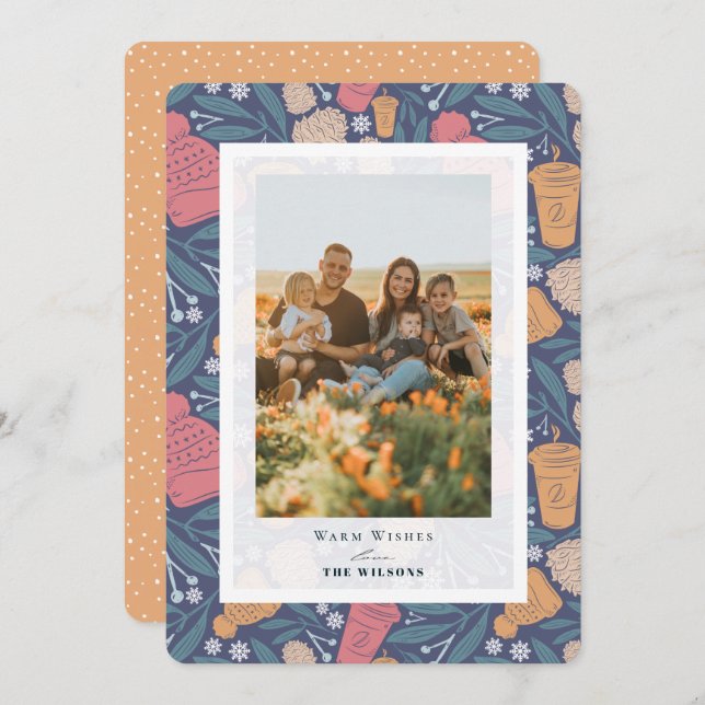 Pom Beanie Kaffee Weihnachtsfeiertag Fotokarte Einladung (Vorne/Hinten)