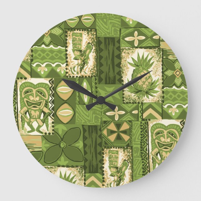 Pomaika’i Tiki Hawaiian Vintag Tapa Große Wanduhr (Vorderseite)