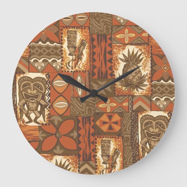 Pomaika’i Tiki Hawaiian Vintag Tapa Große Wanduhr (Vorderseite)