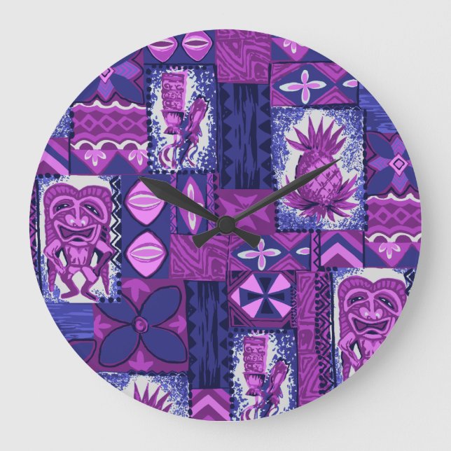 Pomaika’i Tiki Hawaiian Vintag Tapa Große Wanduhr (Vorderseite)