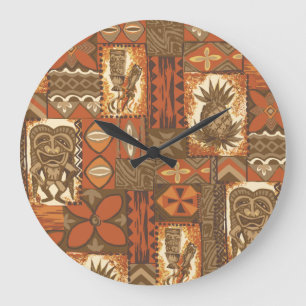 Pomaika’i Tiki Hawaiian Vintage-Tapa Große Wanduhr