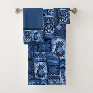 Pomaika'i Tiki hawaiische Tapa-Koordinate - Indigo Badhandtuch Set