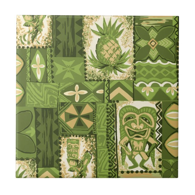 Pomaika'i Tiki hawaiischer Vintager Tapa Fliese (Vorderseite)