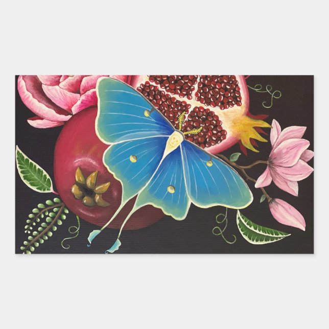 Pomegranat und Luna Moth Fine Art Stick 4 Pack Rechteckiger Aufkleber (Vorderseite)
