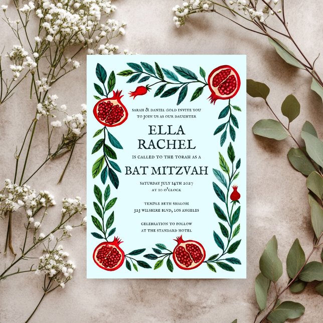 Pomegranate Custom Bat Bar Mitzvah Wasserfarbe Einladung (Pomegranates Custom Bat Bar Mitzvah Watercolor Invitation
)