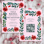 Pomegranate Custom B'nai Bat Bar Mitzvah QR Code Einladung<br><div class="desc">Perfekte Karte, um eine Bar mitzvah, Fledermausmitzvah oder andere jüdische Feier anzukündigen! Handgemachte Kunst für Sie! Vollständig anpassbar! Klicken Sie auf "Personalisieren" oben, um den Text zu bearbeiten und Ihren Link zum QR-Code hinzuzufügen. Klicken Sie auf "Bearbeiten mit dem Design-Tool", um die Schriftart, Farben und Platzierungen anzupassen und das Design...</div>