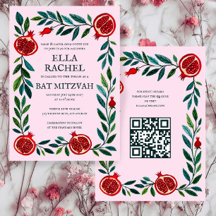 Pomegranate Custom B'nai Bat Bar Mitzvah QR Code Einladung