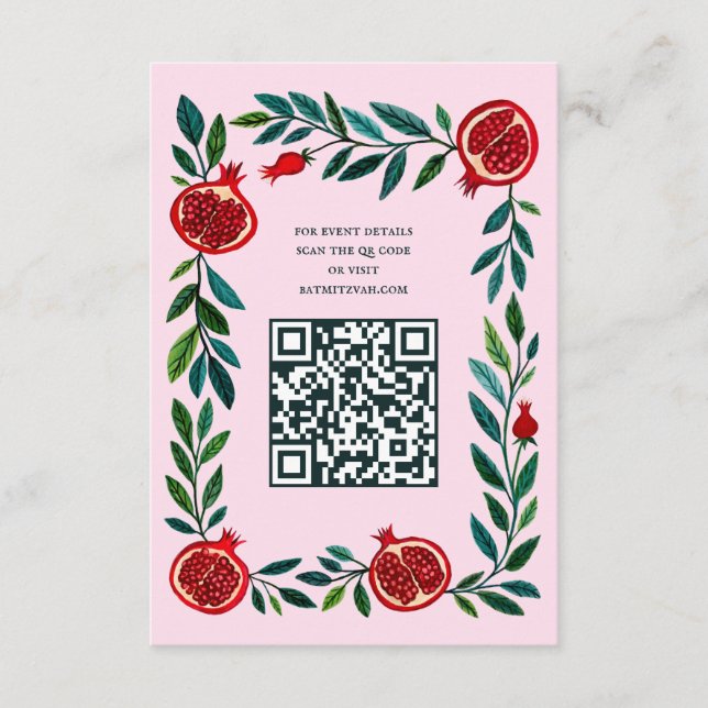 Pomegranate Custom QR Bat Bar Mitzvah Wasserfarbe Begleitkarte (Vorderseite)