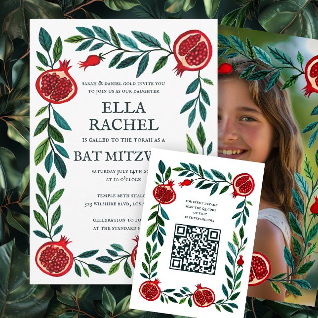 Pomegranate Custom QR Bat Bar Mitzvah Wasserfarbe Begleitkarte (Pomegranates Custom QR Bat Bar Mitzvah Watercolor Enclosure Card
)