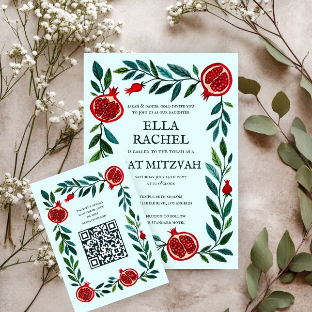 Pomegranate Custom QR Bat Bar Mitzvah Wasserfarbe Begleitkarte (Pomegranates Custom QR Bat Bar Mitzvah Watercolor Enclosure Card
)