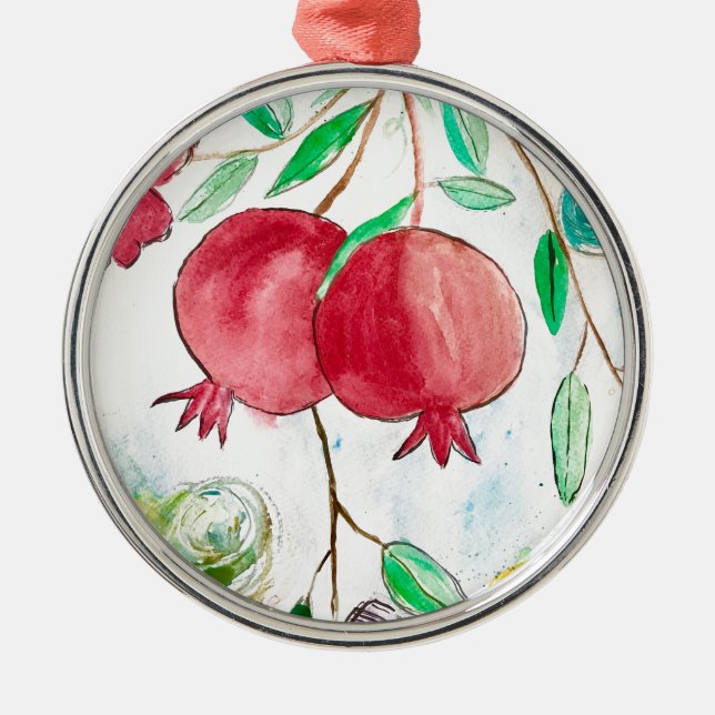 Pomegranate Fruchtfarbendessert Vintag Silbernes Ornament (Vorne)