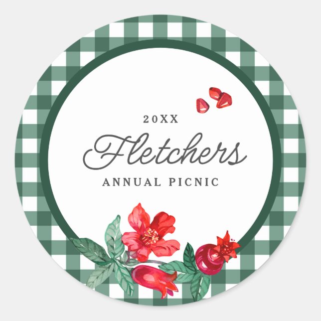 Pomegranate & Green Gingham Custom Runder Aufkleber (Vorderseite)