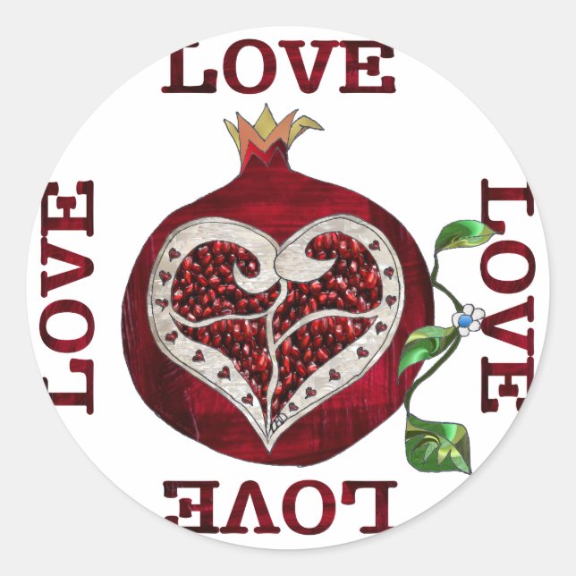 Pomegranate Heart LIEBE Valentine Runder Aufkleber (Vorderseite)