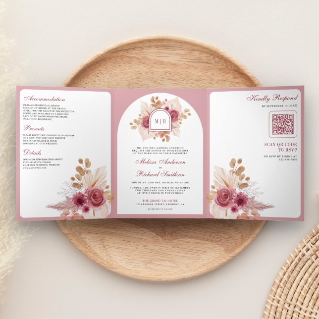 Pomegranate Pink Floral Pampas QR Code Hochzeit Dreifach Gefaltete Einladung (Von Creator hochgeladen)