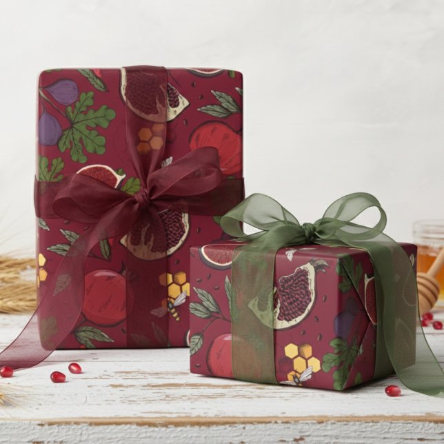 Pomegranates, Figs and Honey Bees Burgundy Geschenkpapier (Modern Burgundy Fruit Wrapping Paper.  Pretty Pomegranates, Figs & Bees Pattern for Jewish New Year.)