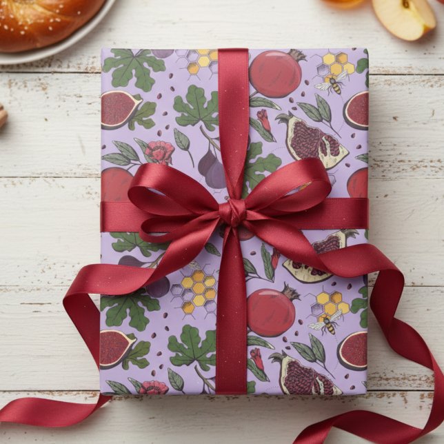 Pomegranates, Figs and Honey Bees Purple Geschenkpapier (Purple and Red Jewish Rosh Hashanah Gift Wrap. Elegant Pomegranate & Fig Fruit & Honey Bees Pattern)