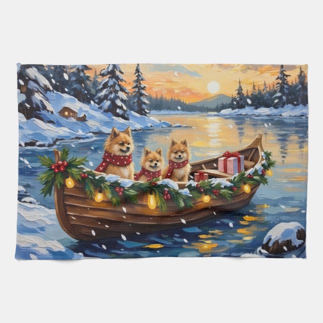 Pomeranian Christmas Boat Holiday Geschirrtuch (Horizontal)