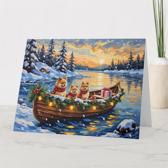 Pomeranian Christmas Boat Holiday Karte (Vorderseite)