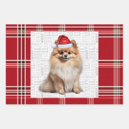 Pomeranian Christmas Dog Red White Plaid Geschenkpapier Set