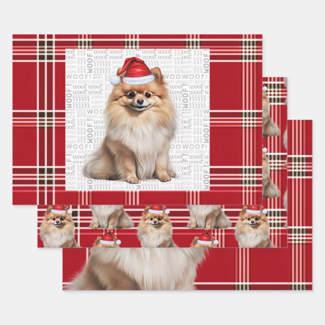 Pomeranian Christmas Dog Red White Plaid Geschenkpapier Set (Set)