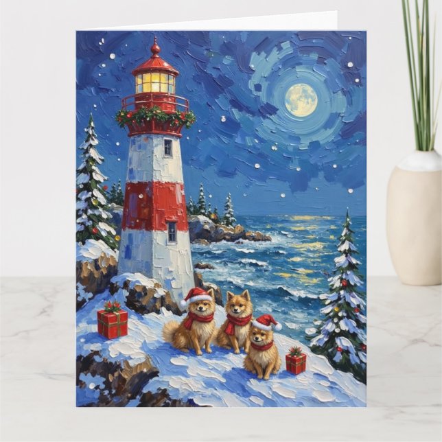 Pomeranian Christmas Lighthouse Holiday Karte (Vorderseite)