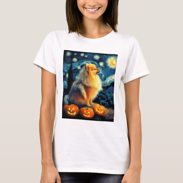 Pomeranian Dog Lovers Painting of van gogh starry  T-Shirt (Vorderseite)
