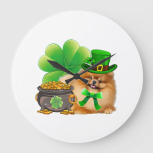 Pomeranian Dog Shamrock St Patricks Day Dog Irish Große Wanduhr
