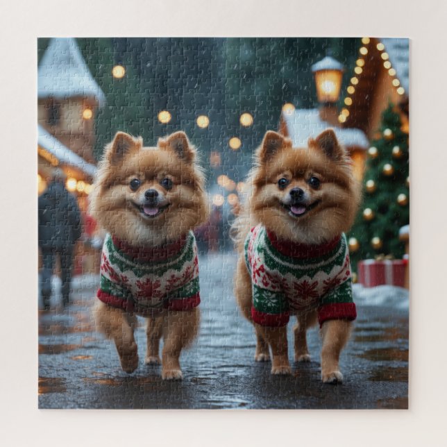 Pomeranian Dogs Christmas Snow Holiday  Puzzle (Vertikal)