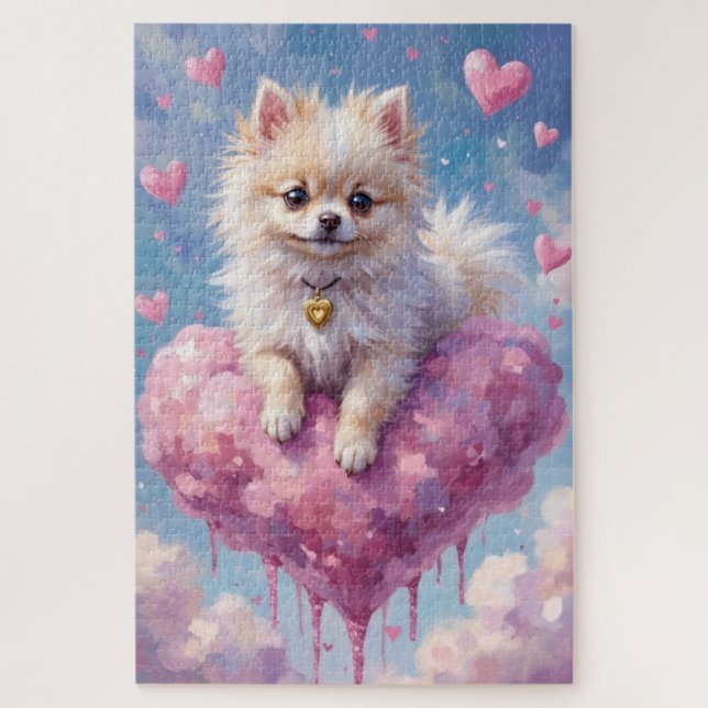 Pomeranian Floating on a Cloud Heart Valentine Puzzle (Vertikal)