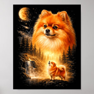 Pomeranian heult zum Mond vintage mystische Darste Poster