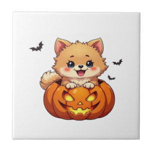 Pomeranian Hund Frohes Halloween Kürbis Klassische Fliese