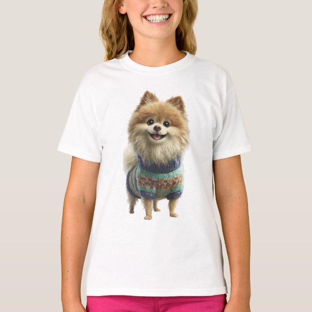 Pomeranian-Hund in farbenfrohem gemustertem Pullov T-Shirt (Vorderseite)