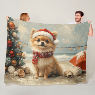 Pomeranian Hund Weihnachten Vintage Strand Fleecedecke