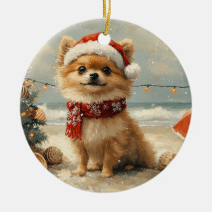 Pomeranian Hund Weihnachten Vintage Strand Keramik Ornament