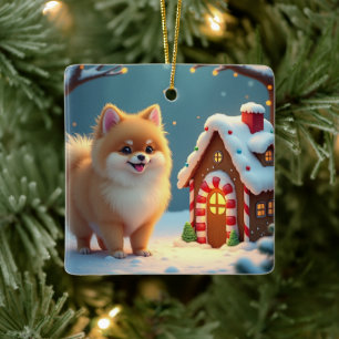 Pomeranian im Lebkuchendorf Weihnachten Keramikornament