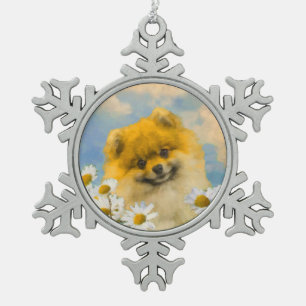 Pomeranian in Gänseblümchen Malerei - Originale Hu Schneeflocken Zinn-Ornament