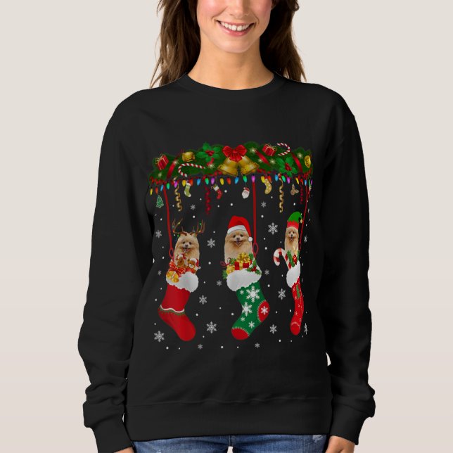 Pomeranian In Sock Xmas Reindeer Santa ELF Dog Sweatshirt (Vorderseite)