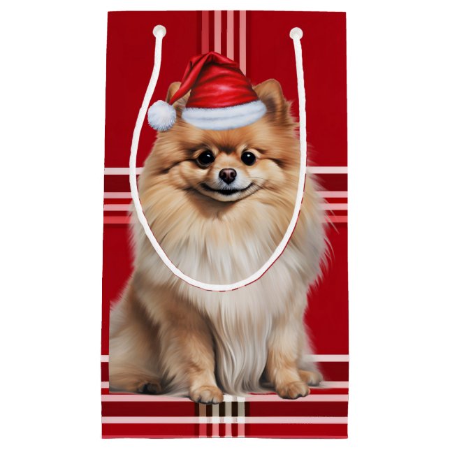 Pomeranian Santa Dog Holiday Red Plaid Christmas Kleine Geschenktüte (Vorderseite)