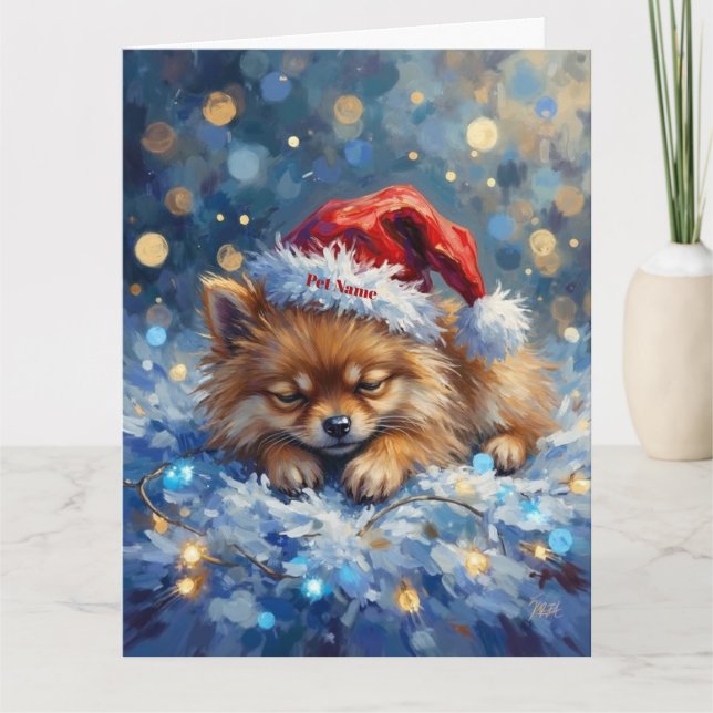 Pomeranian Sleeping on Fairy Lights Christmas Hat Karte (Vorderseite)