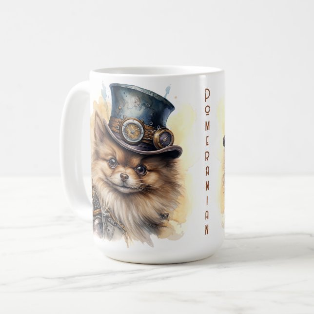 Pomeranian-Steampunk-Hund Kaffeetasse (Vorderseite Links)