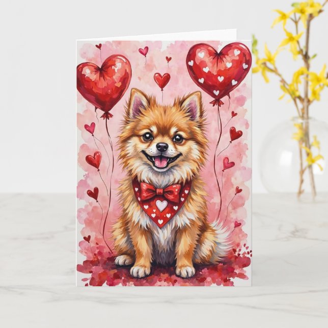 Pomeranian Valentine’s Day Dog with Hearts Red Karte (Gelbe Blume)
