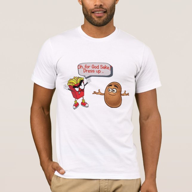 Pommes frites mit Haltung, die beim Kartoffeln wit T-Shirt (Vorderseite)