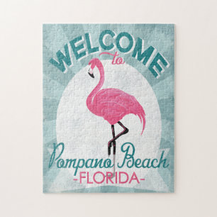 Pompano Beach Florida Pink Flamingo Retro Puzzle