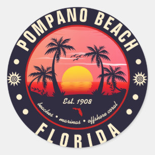 Pompano Beach Florida Retro Sunset Souvenir Runder Aufkleber