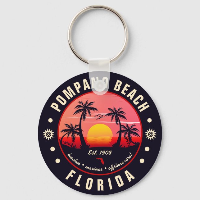 Pompano Beach Florida Retro Sunset Souvenir Schlüsselanhänger (Vorderseite)