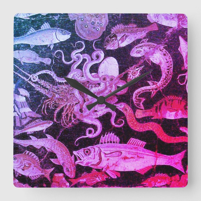 POMPEII SAMMLUNG MEERESLEBEN Rosa blaues Nautikum Quadratische Wanduhr (Vorderseite)