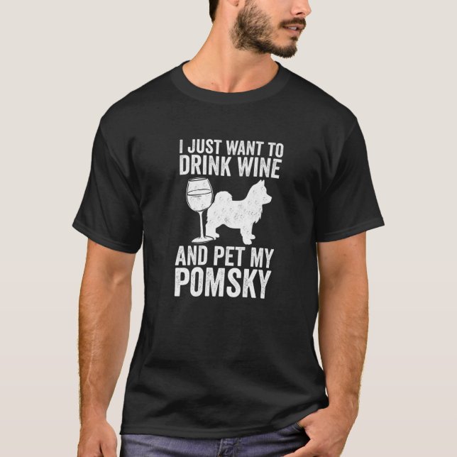 Pomsky Hund Mama und Vater und Wein Lover T-Shirt (Vorderseite)