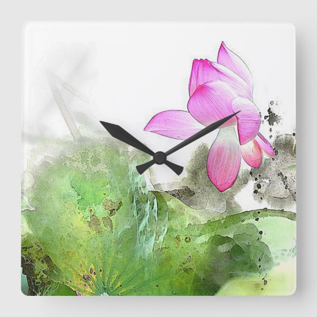 POND LOTUS l Chinese Brush Malerei Art Quadratische Wanduhr (Vorderseite)