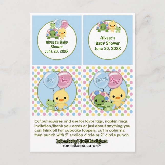Pond Pals Duck Baby Shower Cupcake Topper Neutral Einladungspostkarte (Vorderseite)